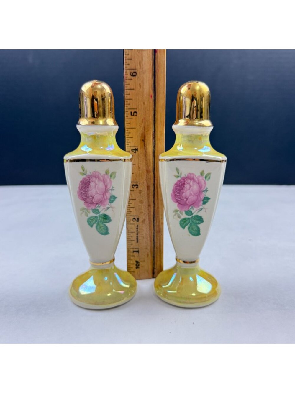 Vintage Salt and Pepper Shakers Yellow Lusterware Pink Rose - Picture 7 of 7